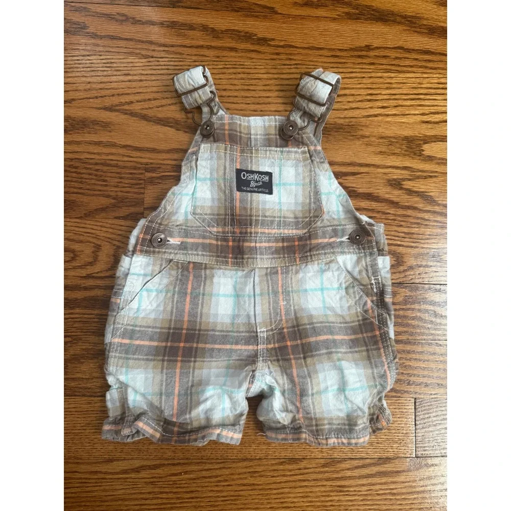OshKosh Bgosh Baby Boys Plaid Shortall Overalls Brown Orange 3-6 Months